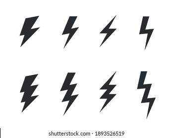 Thunderbolt signs on white background. Set of monochrome vector flash icons