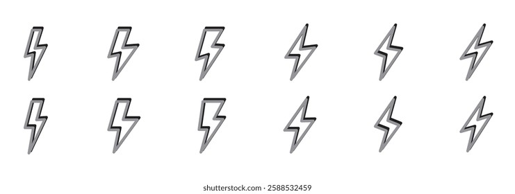 Thunderbolt signs on white background. Set of monochrome vector flash icons