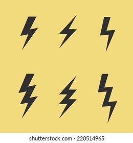 Thunderbolt signs on yellow background. Set of vector flash icons.