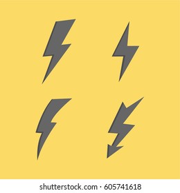  Thunderbolt signs on yellow background. Set of vector flash icons.vector lightning silhouettes 