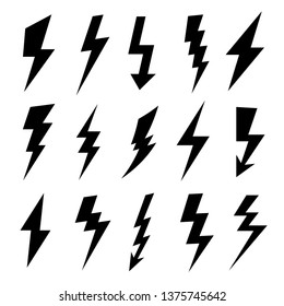 Thunderbolt silhouette. Electrical flash icon, electric high power voltage and thunder lightning silhouettes icons vector set