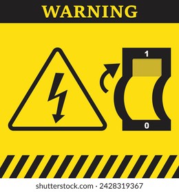 Thunderbolt symbol in a triangle and electric switch button with the word warning