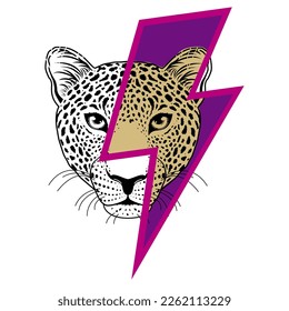 T-Shirt-Design mit einem Blitz-Symbol mit Leopardenkopf einzeln auf Weiß. Vektorgrafik für Poster.	
