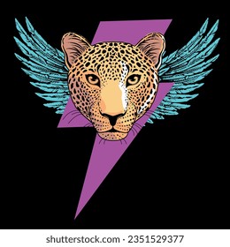 thunderbolt symbol t-shirt design with leopard head and wings.vector ilustration good for endangered species day celebration.