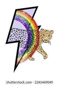 Diseño de camisetas con símbolo de perno con un arco iris y un leopardo aislado en blanco. Ilustración metafórica del Día del Orgullo Gay.