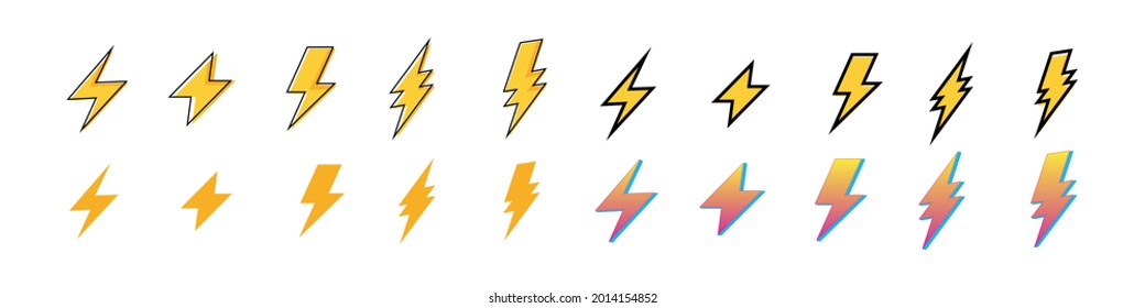 thunderbolt or thunder lightning icon vector isolated set. thunderstorm sign logo on white background. 