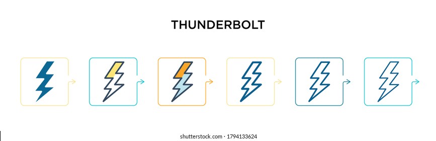 Thunderbolt vector icon in 6 different modern styles. Black, two colored thunderbolt icons designed in filled, outline, line and stroke style. Vector illustration can be used for web, mobile, ui