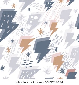 Thunderbolt wallpaper.Hand drawn doodle thunder backdrop in Scandinavian style. Lightning bolts seamless pattern on white background. For book covers, design, graphic art, wrapping paper.