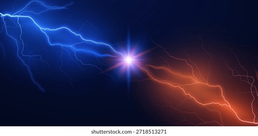 Thunderbolts blue versus orange lightning effects on black background. Energy glowing beams fight, shining power charge, electric burst sparks rays battle. Realistic vector lightning blast storm