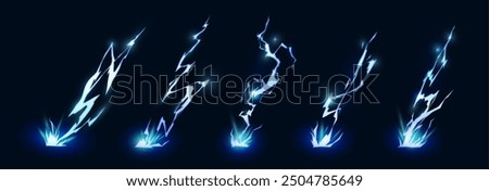 Thunderbolts hitting ground, isolated set of lightning sticking or attacking. Vector isolated set of glowing magical powerful effect shotgun. Thunderstorm and lightening, flares and discharge