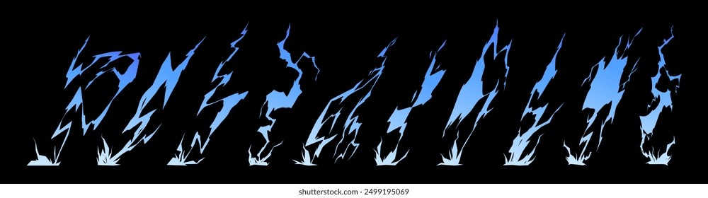 Thunderbolts hitting ground. Vector isolated cartoon set of powerful natural forces. Electric discharge of bolt, game asset for design of weather. Power and force, thunder and lightning