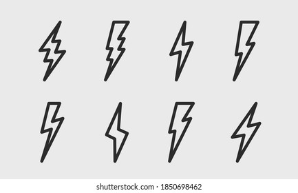 Thunderbolts icons set. 8 lightning icons isolated on white background. Flash, strike icons. Vector illustration