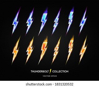 Thunderbolts icons set. Lightning bolt icons isolated on black background. Lightning strike flat icons. Vector illustration