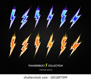 Thunderbolts icons set. Lightning bolt icons isolated on black background. Vector illustration