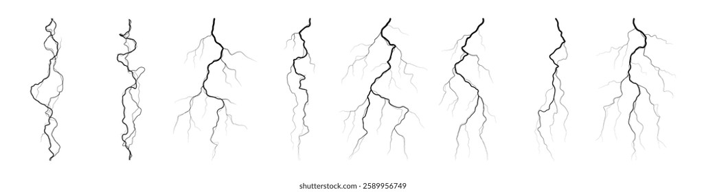 Thunderbolts isolated set. Vector realistic energy discharge of lightning. Power electrical light spark, blitz or flash. Burst of bolts for weather conditions or game landscape design collection