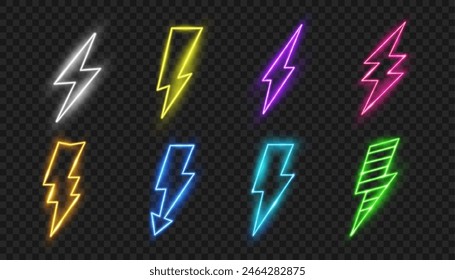 Conjunto de pernos de trueno, signos de iluminación fluorescente colorido aislado para club o decoración para pared. Vector realista símbolos y flechas brillantes, letrero o cartelera, arte para el hogar o el interior moderno