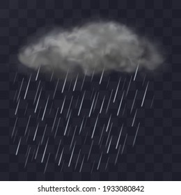 Thundercloud with rain. Rainy gray cloud.  Realistic vector illustration isolated on transparent background.