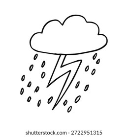 Thundercloud and rain sketch on white background