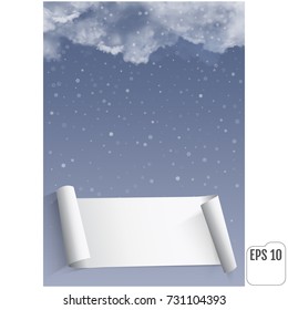 Thunderclouds against the background of snowfall. Vector Realistic clouds.  Postcard with a place for recording