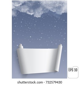 Thunderclouds against the background of snowfall. Vector Realistic clouds.  Postcard with a place for recording