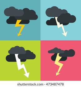 Thunderclouds flat icons on color background. Storm cyclone with dark clouds. Vector illustration