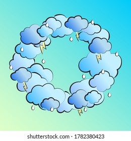 Nubes de granizo. Ilustración retro en estilo cómico con nubes, relámpagos y gotas de lluvia. Ilustración del fenómeno meteorológico.