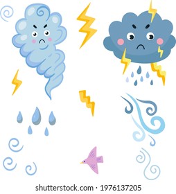 Thunderclouds with lightning, rain, and wind. Design of vector illustrations for postcards.Cartoon vector illustration.