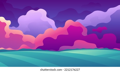Thunderclouds over green meadows. Horizontal landscape of summer fields.