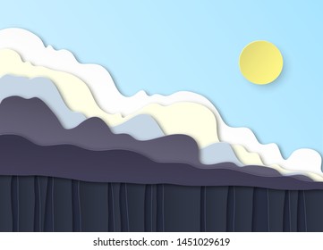 Thunderclouds. Rain on the ground, downpour. Above the clouds the sun shines in the blue sky. Layered design. Peper cut. Vector illustration