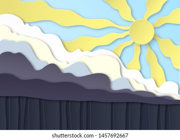 Thunderclouds. Rain on the ground, downpour. Above the clouds the sun shines in the blue sky. Layered design. Peper cut. Vector illustration