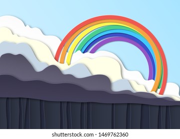 Thunderclouds. Rain on the ground, downpour. Above the clouds a rainbow in the blue sky. Layered design. Peper cut. Vector illustration