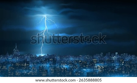 Thunderstorm, bright lightning at night over the city. Thunder lightning wallpaper, background. Thunderbolt in an ominous cloudy sky. Cityscape blue background. Realistic vector illustration