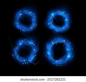 Efeito de círculo de tempestade. Ilustração vetorial de um conjunto que representa círculos relâmpago e partículas brilhantes em um fundo preto isolado. Perfeito para interfaces de jogos.