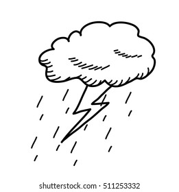 Thunderstorm Cloud Doodle Drawing. A hand drawn vector cartoon illustration of a cloud thunder with rain.