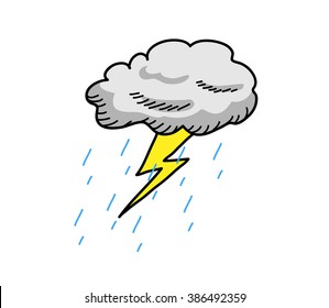 Thunderstorm Cloud, A Hand Drawn Vector Cartoon Illustration Of A Cloud Thunder With Rain.