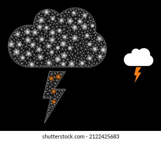 Thunderstorm cloud icon and constellation net mesh thunderstorm cloud structure with illuminated light spots.