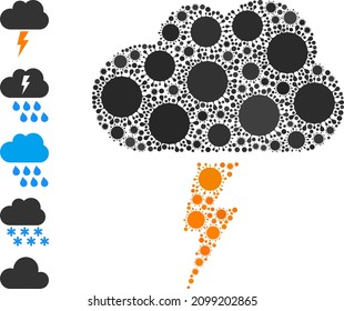 Thunderstorm cloud mosaic icon. Vector mosaic is done from scattered Covid-2019 icons. Covid mosaic thunderstorm cloud icon, and more icons. Thunderstorm cloud mosaic for isolation templates.