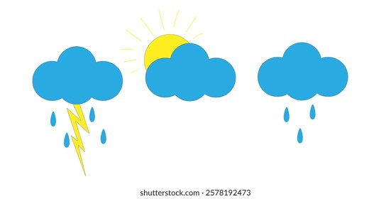 thunderstorm cloud, raindrop cloud, sun cloud on a white background,