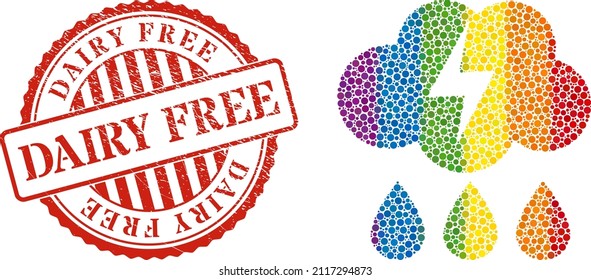 Thunderstorm composition icon of round dots in various sizes and rainbow bright color tones. Red rounded distress watermark with Dairy Free phrase. A dotted LGBT- colored thunderstorm for lesbians,