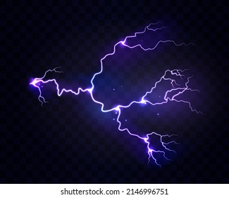 Thunderstorm effect of electric lightning, isolated neon thunderbolt or flash. Vector illustration, weather condition and realistic dangerous bolt. Spark strike, glowing and shining