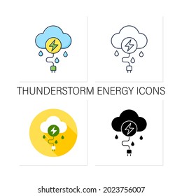 Gewitter-Energiesymbole gesetzt. Strom aus elektrischen Stürmen gewinnen. Elektrizität. Konzept der erneuerbaren Energien. Sammlung von Symbolen in linearen, gefüllten Farbstilen.Einzelne Vektorgrafiken