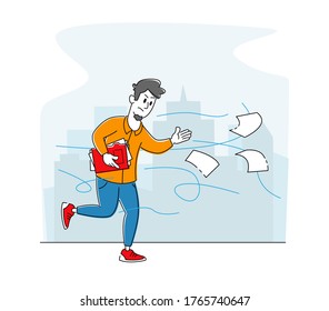 Thunderstorm with Extremely Blowing Wind. Business Man Character Running Fast Trying to Catch Flying Documents Blown Away with Strong Whirlwind in Cold Autumn Windy Weather. Linear Vector Illustration
