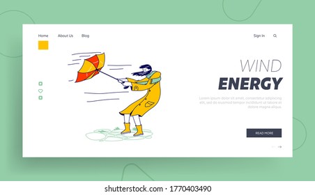 Thunderstorm with Extremely Blowing Wind Landing Page Template. Woman in Coat Holding Broken Umbrella Protecting from Hurricane. Female Character Fighting with Strong Wind. Linear Vector Illustration