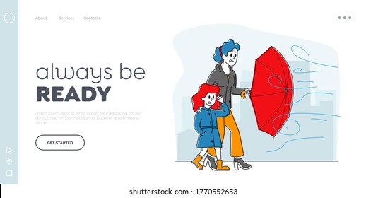 Thunderstorm with Extremely Blowing Wind Landing Page Template. Woman Holding Daughter Hand Protecting from Hurricane, Fighting with Strong Wind in Autumn Weather. Linear People Vector Illustration