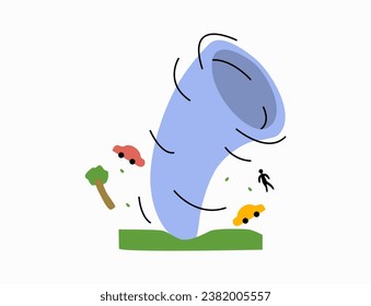 Thunderstorm fall weather, tree and palm tree are blown away with strong wind. Natural disaster cartoon style. 