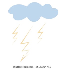 Thunderstorm. Flashing lightning and arrow. Color vector illustration. Blue cloud releases electric discharge. Isolated background. Flat style. Idea for web design.