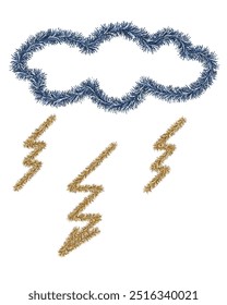 Tempestade. Raios e flechas intermitentes. Tinsel. Ilustração do vetor de cores. Nuvem libera descarga elétrica dourada. Tensão de cuidado. Fundo branco isolado. Ideia para web design.