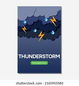 Thunderstorm with fluffy clouds on blue sky background. Vector illustration. Paper cut style. Place for text