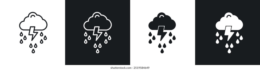 Coleção de ícones do Thunderstorm no estilo de linha de traçado e preenchido em preto e branco.