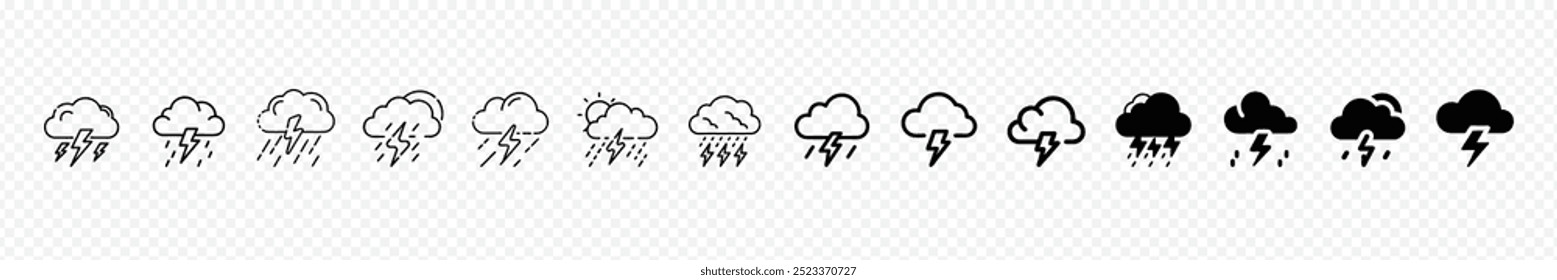 Ícone de tempestade com trovoada símbolo de linha plana definido., Ícone de tempestade, Chuva e trovoada, Ícone de tempestade com trovoada representa uma tempestade caracterizada por trovões e raios.